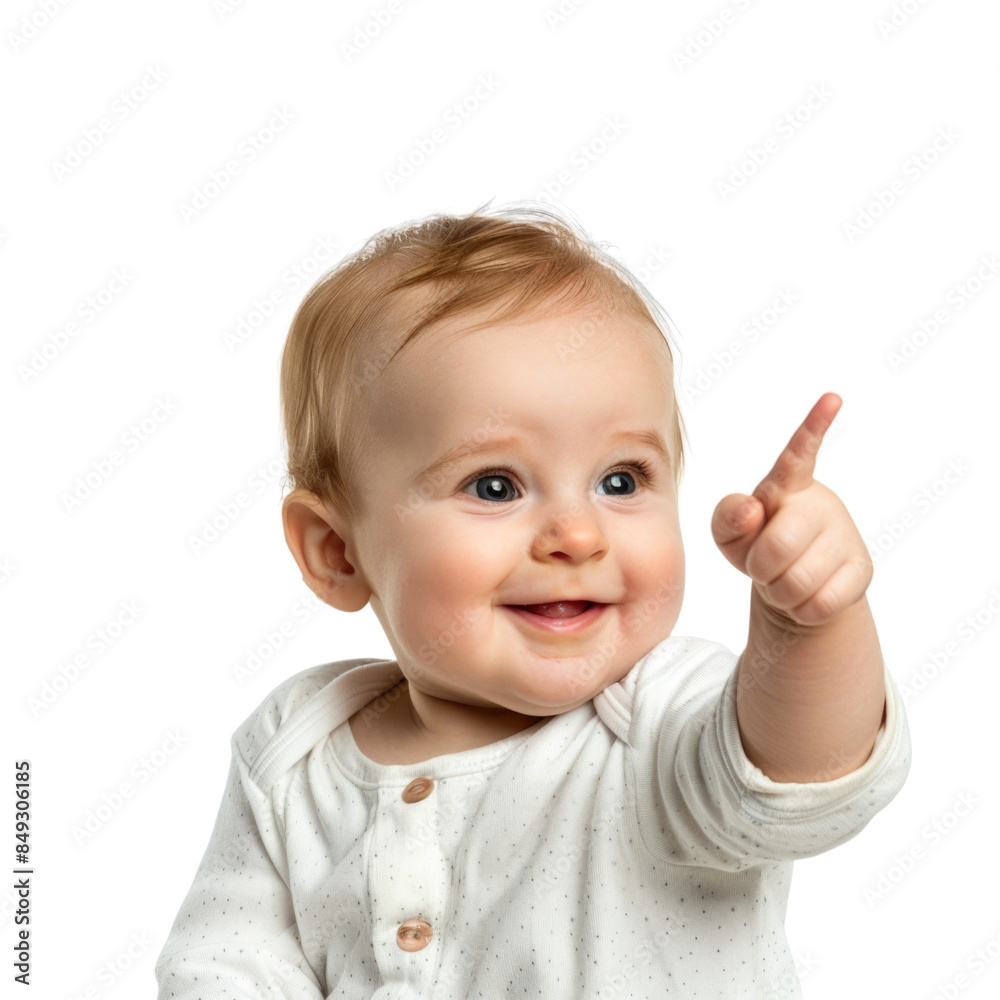 Lovey baby pointing to choose and press white background