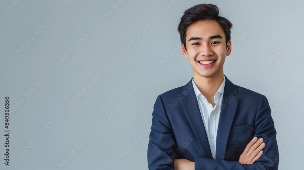 Young businessman in formal attire with arms crossed and a happy smile Young businessman in formal attire with arms crossed and a happy smile