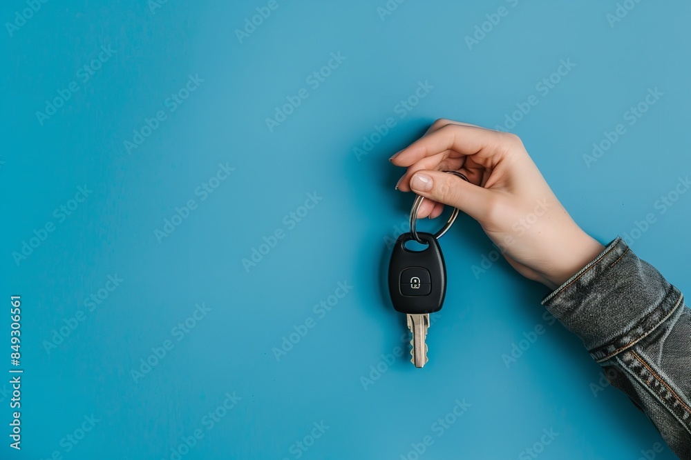 Purchasing, leasing, renting, or purchasing a car, with the vehicle and its keys in hand against a blue backdrop, with copy space, Generative AI. Purchasing, leasing, renting, or purchasing a car, with the vehicle and its keys in hand against a blue backdrop, with copy space, Generative AI.