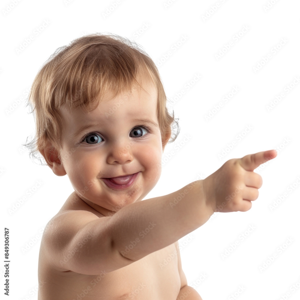 Lovey baby pointing to choose and press white background Lovey baby pointing to choose and press white background