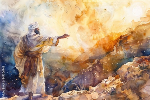 watercolor illustration depicting the biblical story of abrahams call old testament religious art © Bijac