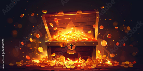 Treasure chest with gold coins in the style of luminous light effects