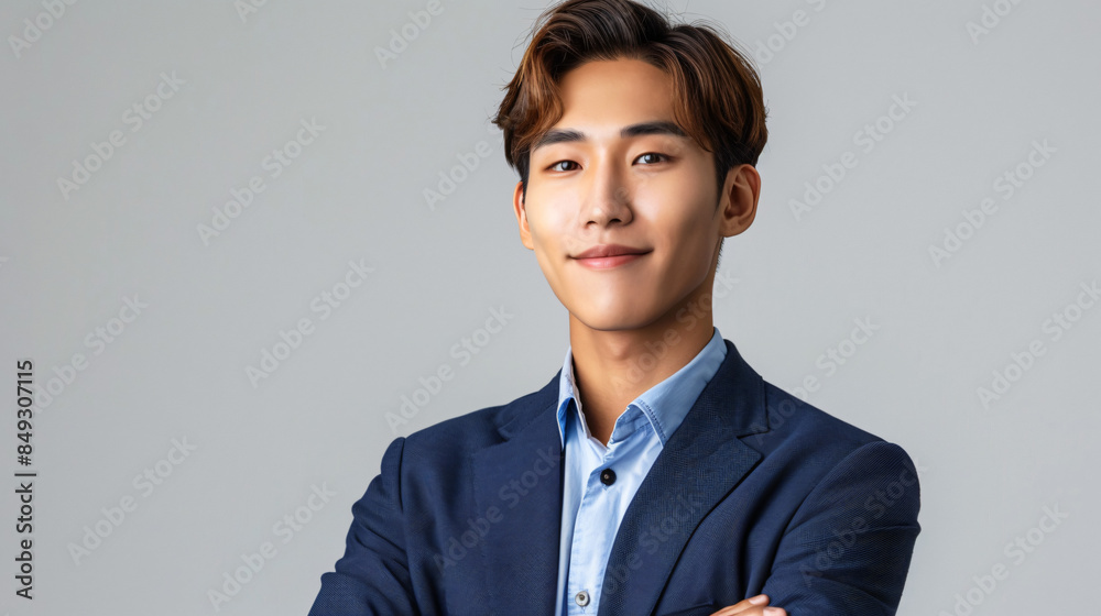 Confident and professional young man in a blue suit posing for a studio portrait Confident and professional young man in a blue suit posing for a studio portrait