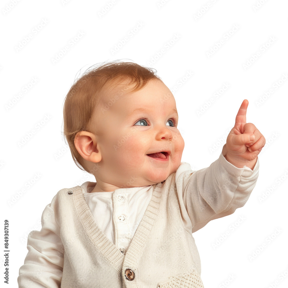 Lovey baby pointing to choose and press white background Lovey baby pointing to choose and press white background
