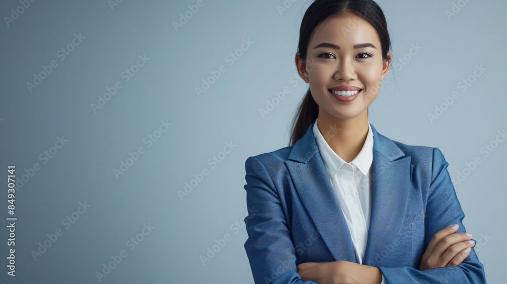 Professional young woman in a blue suit smiling at the camera Professional young woman in a blue suit smiling at the camera