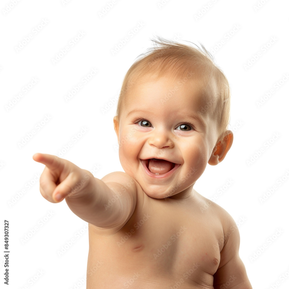 Lovey baby pointing to choose and press white background Lovey baby pointing to choose and press white background