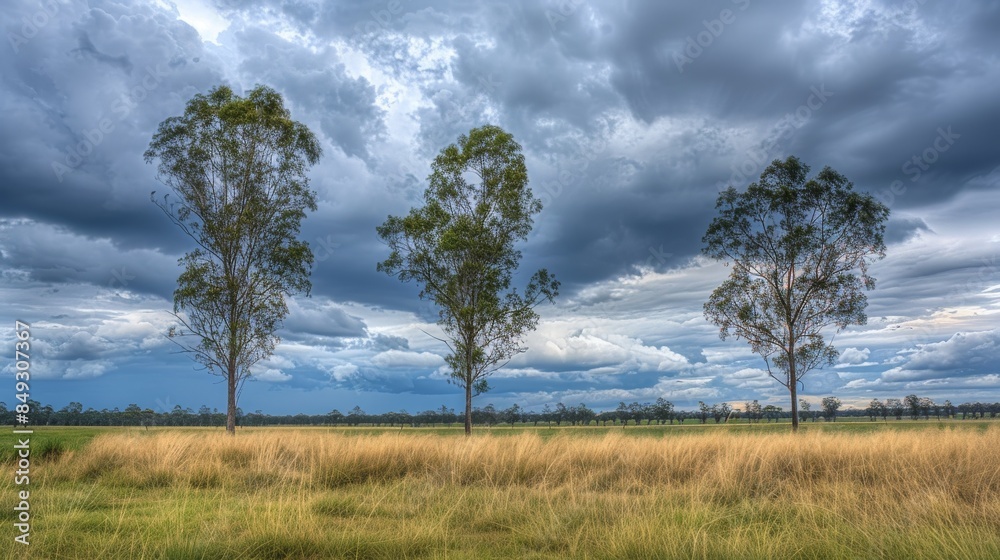 Tranquil landscape view with three trees and cloudy sky. Tranquil landscape view with three trees and cloudy sky.