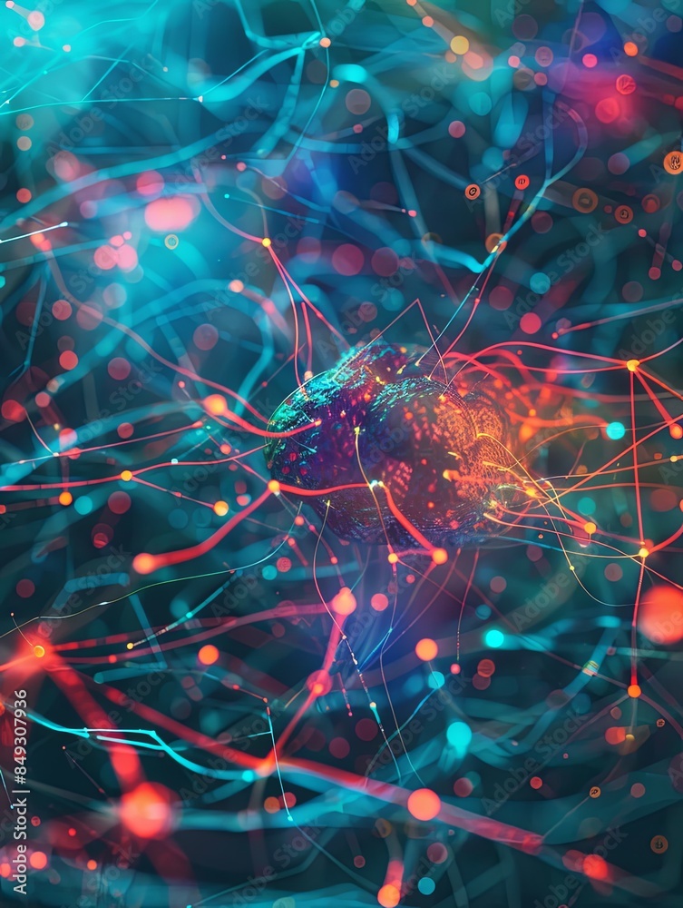 An abstract visual representation of a neural network with nodes and connections, highlighting the data processing and learning capabilities of AI. Generative AI