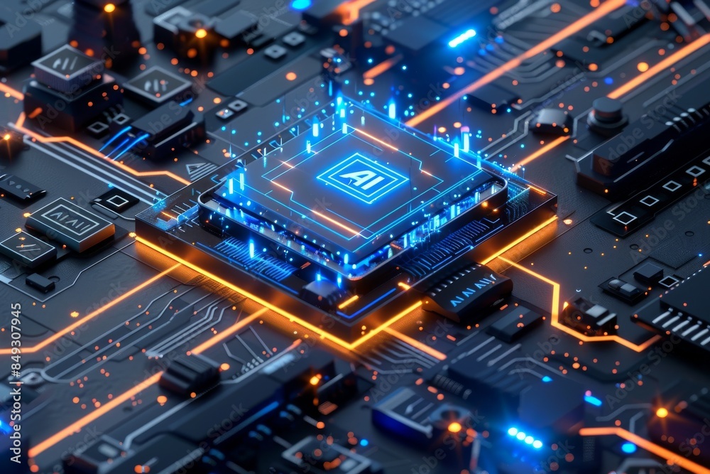 AI Processor on Circuit Board, Advanced Technology in Artificial Intelligence, High Tech Digital Innovations, Futuristic Design, Modern Tech Elements, Glowing Lights, Detailed Setup. AI Processor on Circuit Board, Advanced Technology in Artificial Intelligence, High Tech Digital Innovations, Futuristic Design, Modern Tech Elements, Glowing Lights, Detailed Setup.