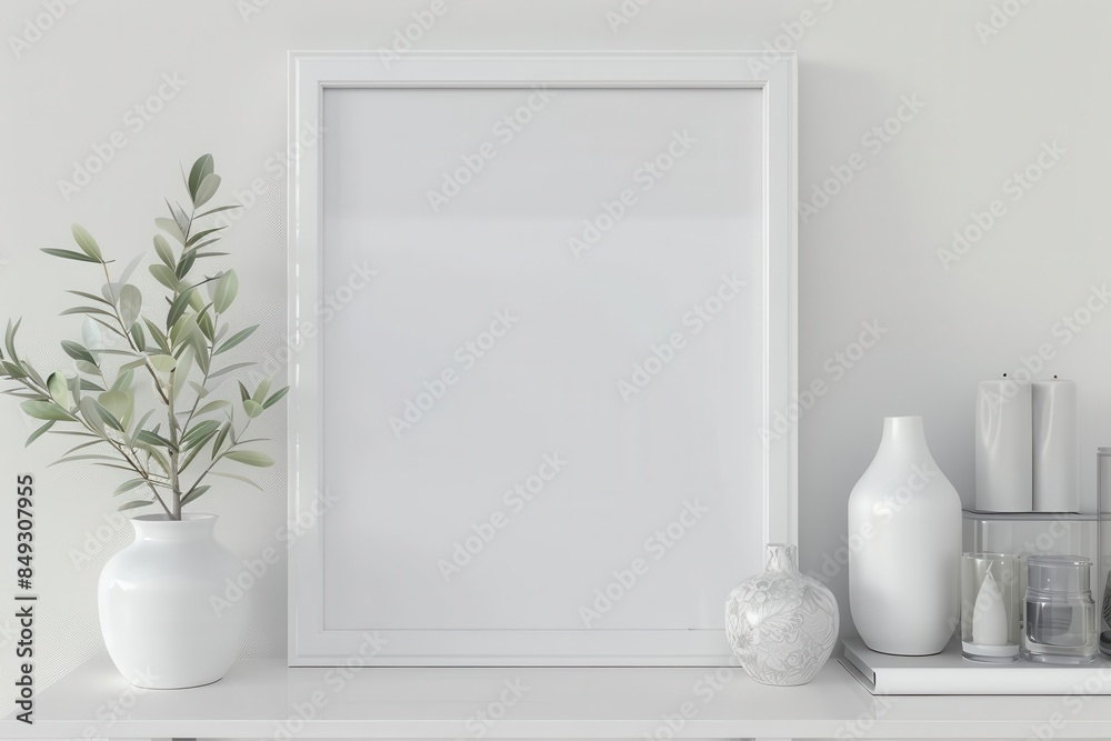 white empty wooden frame mockup on open metal shelf with ceramic decor 3d rendering