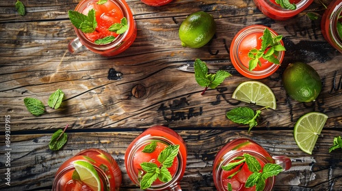 Overhead shot of wooden table with mason jars filled with watermelon juice, garnished with mint leaves and lime slices for extra flavor burst