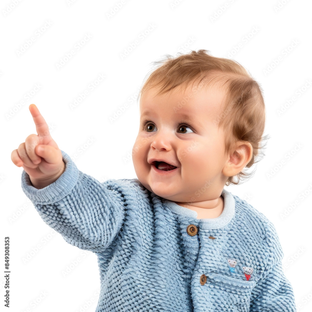 Lovey baby pointing to choose and press white background Lovey baby pointing to choose and press white background