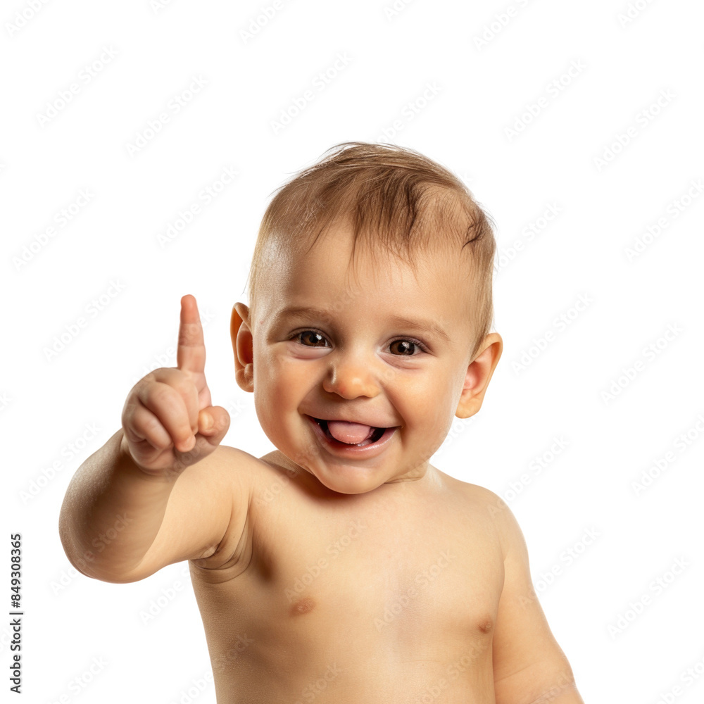 Lovey baby pointing to choose and press white background Lovey baby pointing to choose and press white background