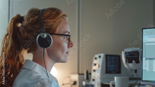 an audiologist attentively administers a hearing test to a patient, utilizing specialized equipment and expertise to assess auditory function. In a soundproof booth,  photo