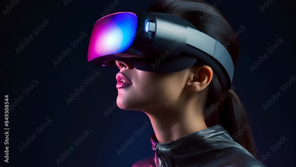 Asian Female Engaged in Neon Holographic VR Interface Asian Female Engaged in Neon Holographic VR Interface