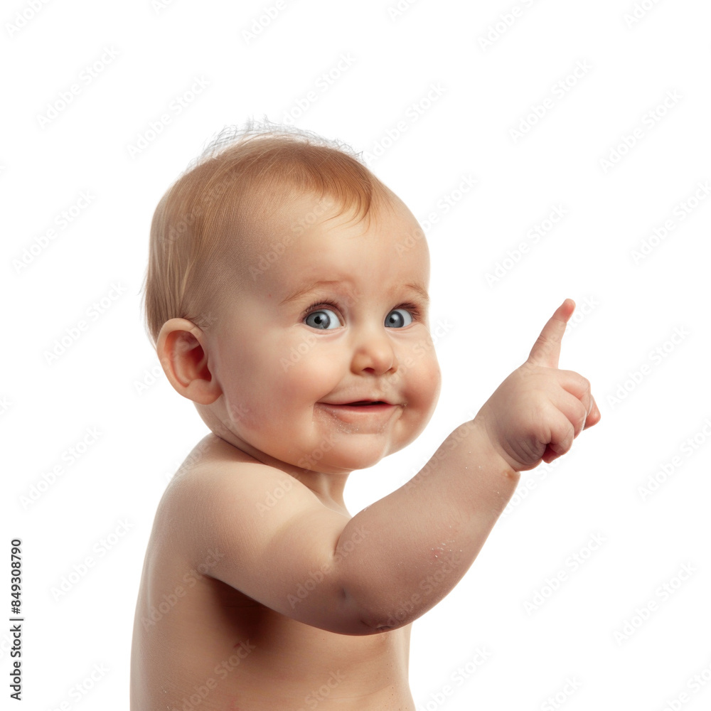 Lovey baby pointing to choose and press white background Lovey baby pointing to choose and press white background