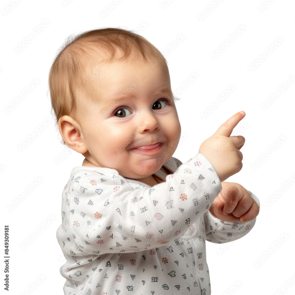 Lovey baby pointing to choose and press white background Lovey baby pointing to choose and press white background