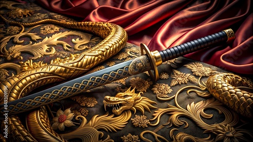 A Golden Samurai Sword With An Ornate Handle Lies On A Red Cloth With A Golden Dragon Coiled Around It. photo