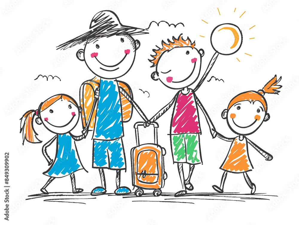 Illustration of a family on vacation. They look happy. Children hand drawn with cartoon style. Illustration of a family on vacation. They look happy. Children hand drawn with cartoon style.