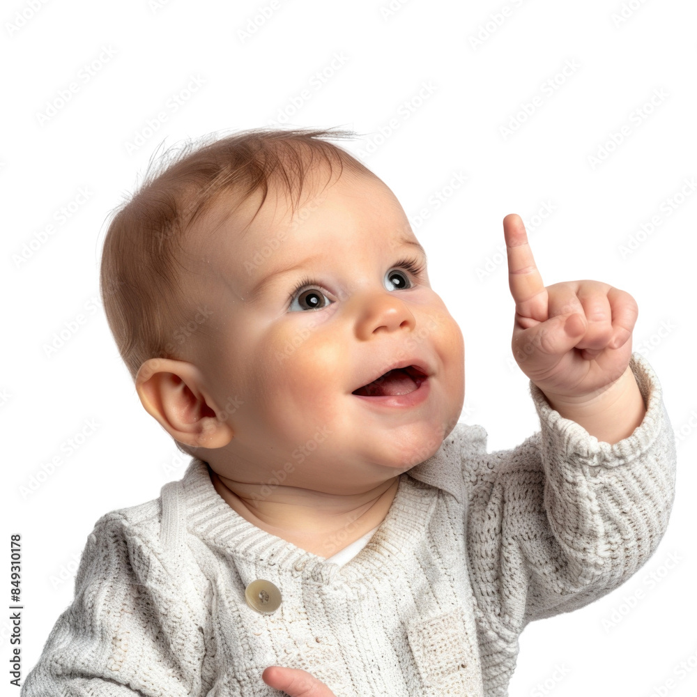 Lovey baby pointing to choose and press white background Lovey baby pointing to choose and press white background