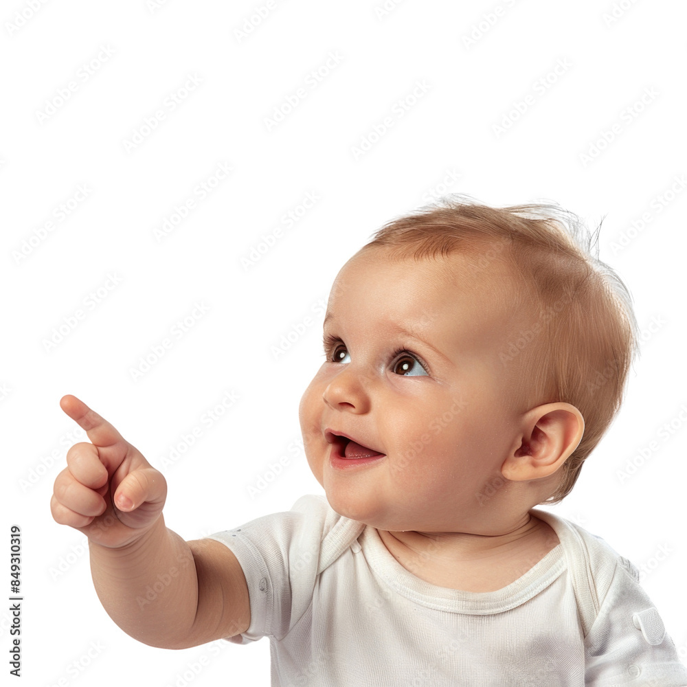 Lovey baby pointing to choose and press white background Lovey baby pointing to choose and press white background