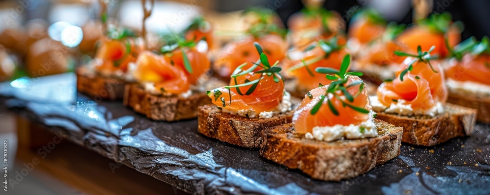 Front view of canapes topped with cheese and salmon on bread, restaurant food concept banner. Generative AI. Front view of canapes topped with cheese and salmon on bread, restaurant food concept banner. Generative AI.