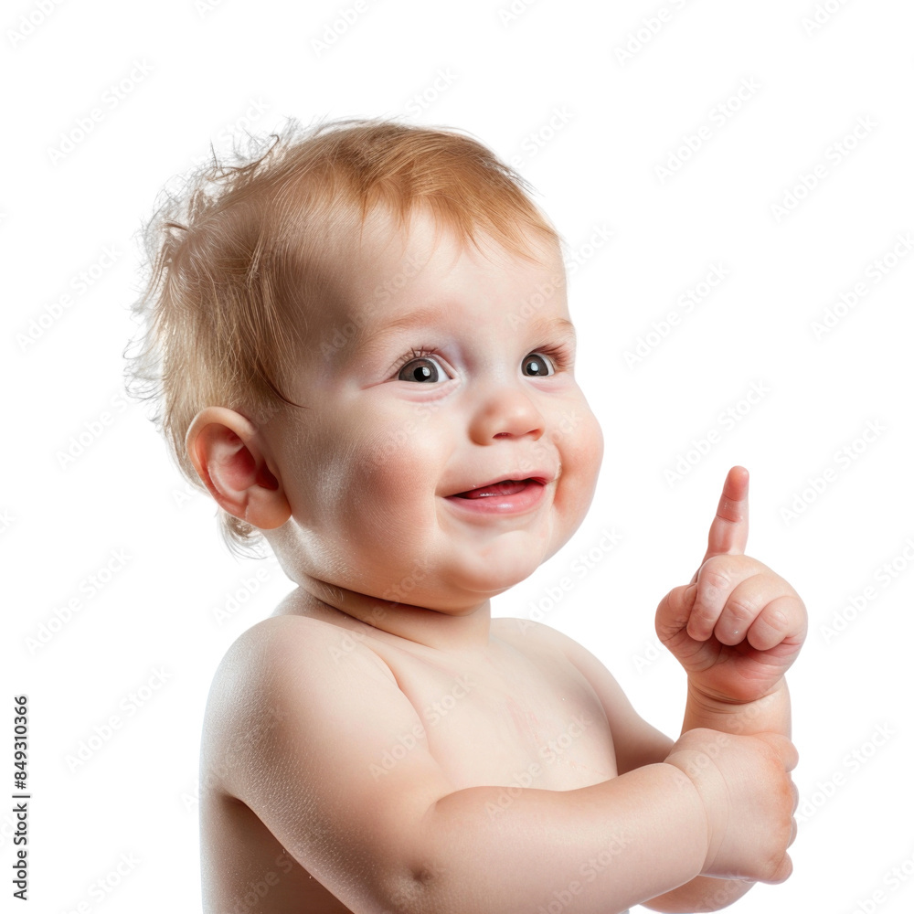 Lovey baby pointing to choose and press white background Lovey baby pointing to choose and press white background