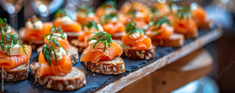 Front view of canapes topped with cheese and salmon on bread,  banner. Generative AI.
