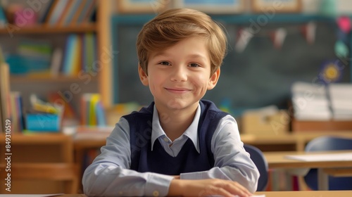 Young French Boy Learning at School, Smiling Student in Classroom Setting, Education Concept for Learning and Teaching Posters