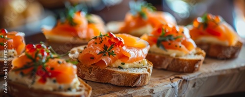 Front view of canapes topped with cheese and salmon on bread,  banner. Generative AI.