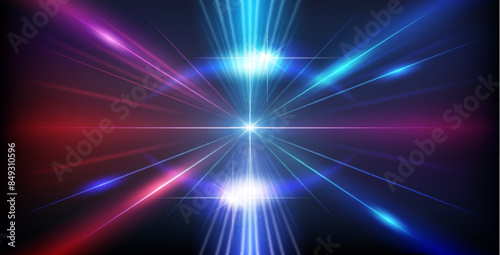 Abstract Colorful Geometry Red and Blue Neon Background with Bright Ray Halo in Retro Wave Style. Vector clip art for your night party design.