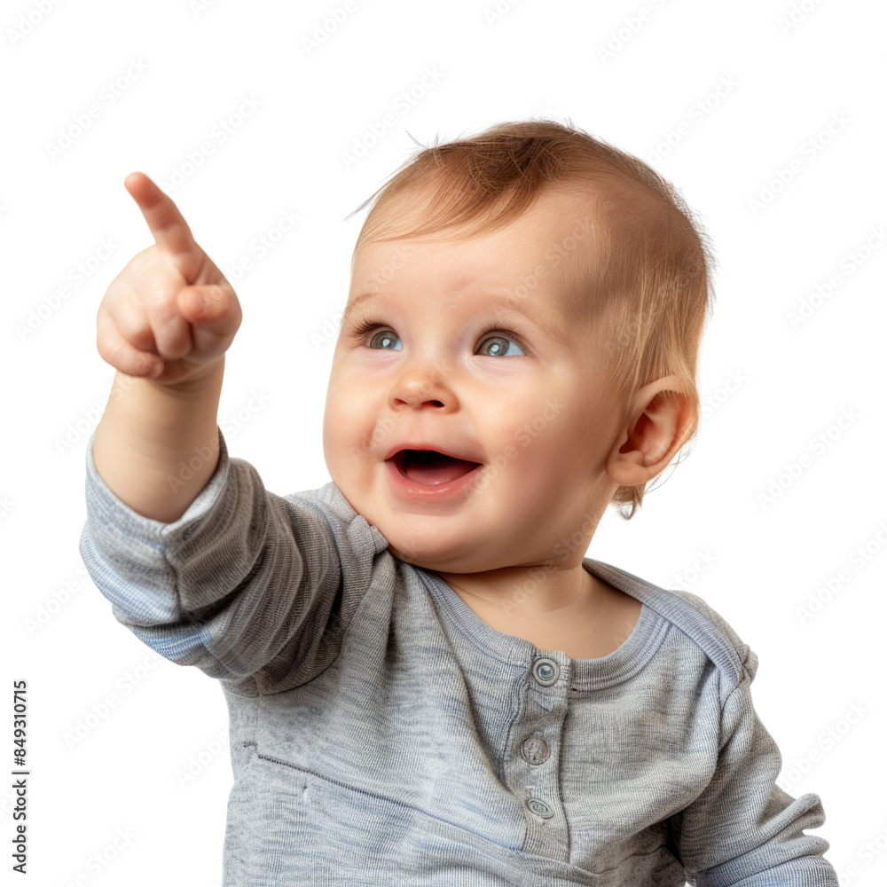 Lovey baby pointing to choose and press white background Lovey baby pointing to choose and press white background