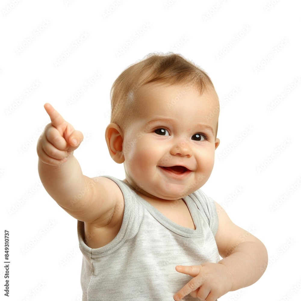 Lovey baby pointing to choose and press white background Lovey baby pointing to choose and press white background