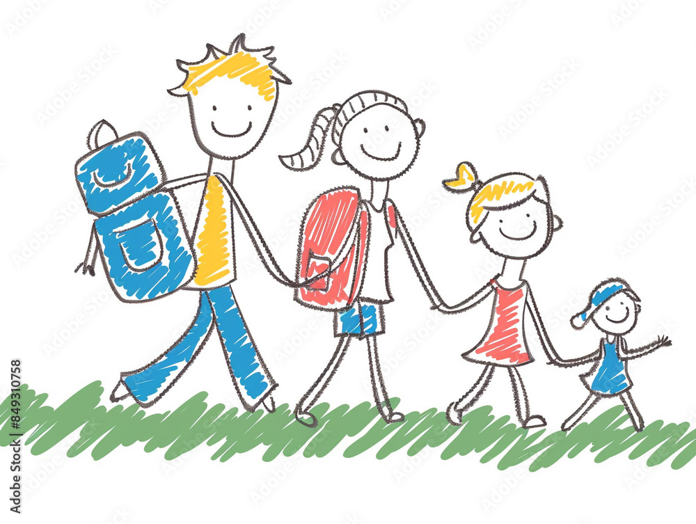 Illustration of a family on vacation. They look happy. Children hand drawn with cartoon style. Illustration of a family on vacation. They look happy. Children hand drawn with cartoon style.