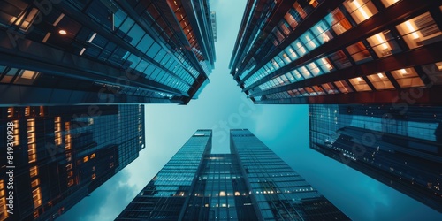office, building, View of a contemporary glass skyscraper reflecting the blue sky