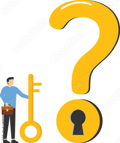 Key to unlock answer for problem and questions, solution or reason to solve problem, wisdom or understanding concept, smart businessman holding golden key to unlock keyhole on question mark sign.


