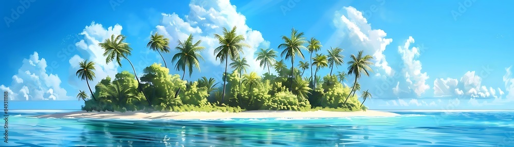 tropical island with palm trees and blue sky and water