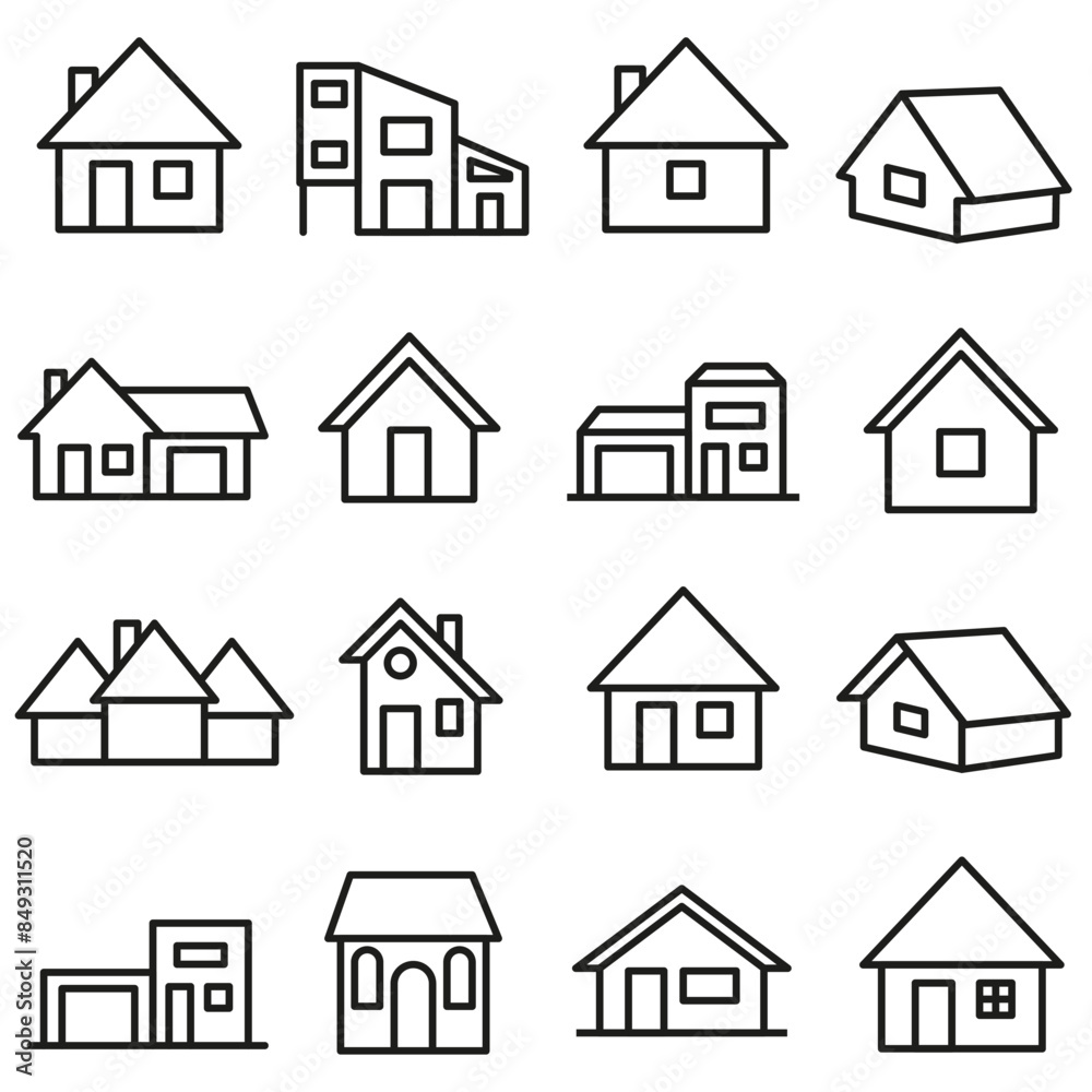 A collection of icons of houses. Vector huts. Houses and huts line vector icons.