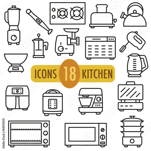 A simple set of kitchen appliances. Kitchen appliances. Thin line vector icons.
