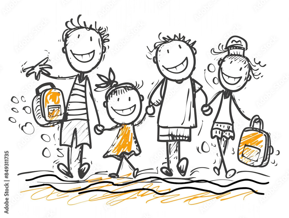 Illustration of a family on vacation. They look happy. Children hand drawn with cartoon style. Illustration of a family on vacation. They look happy. Children hand drawn with cartoon style.