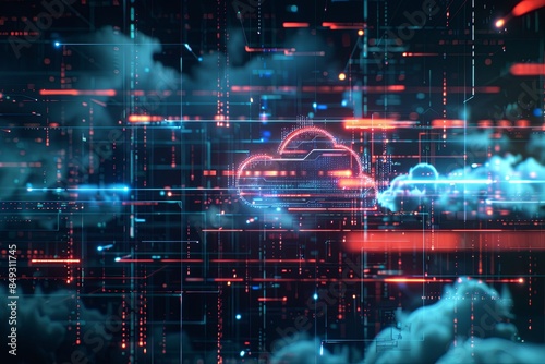 A digital visualization of cloud computing, showcasing data processing and AI operations within the cloud. Generative AI © Анатолий Савицкий