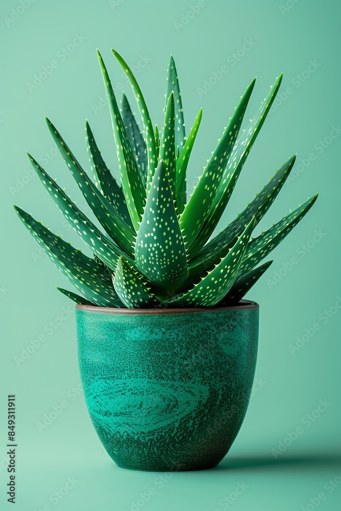 Aloe vera plant with vibrant green leaves on a soft green background Aloe vera plant with vibrant green leaves on a soft green background