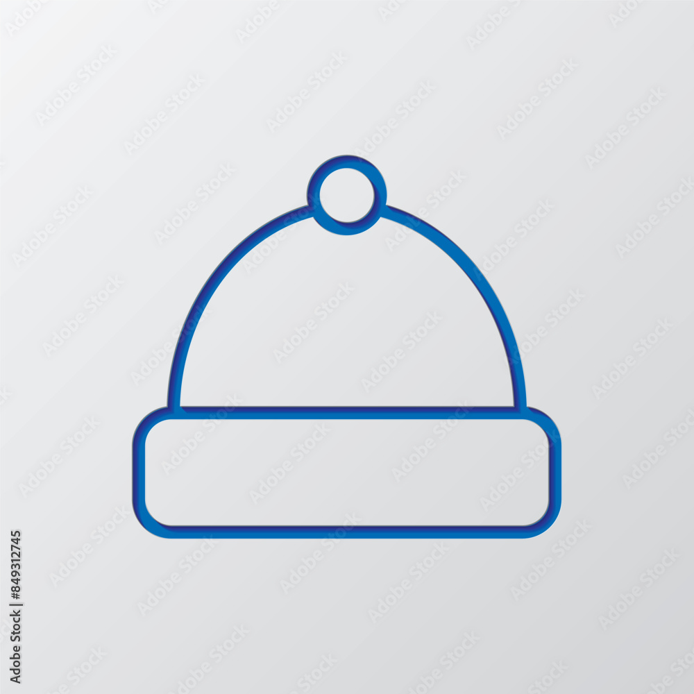 Winter hat simple icon vector. Flat design. Paper cut design. Cutted blue symbol with shadow. Gray background Winter hat simple icon vector. Flat design. Paper cut design. Cutted blue symbol with shadow. Gray background