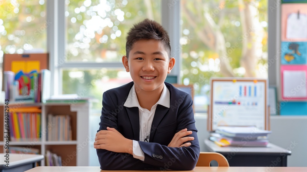 Confident East Asian Teenage Boy in School Uniform Sitting at Desk in Bright Classroom for Education, Learning, and Academic Success Confident East Asian Teenage Boy in School Uniform Sitting at Desk in Bright Classroom for Education, Learning, and Academic Success