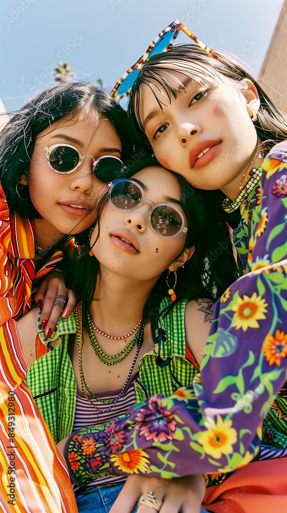 Obraz premium Female friends in vibrant clothing enjoying a music festival 