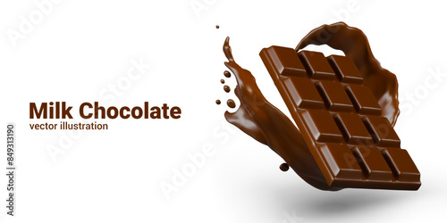 Realistic milk chocolate bar with splash and sprinkles. Vector composition