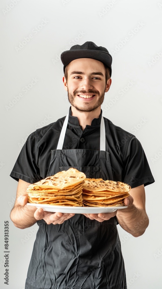 Full body photo of male restaurant employee serving Spanish tortillas Full body photo of male restaurant employee serving Spanish tortillas