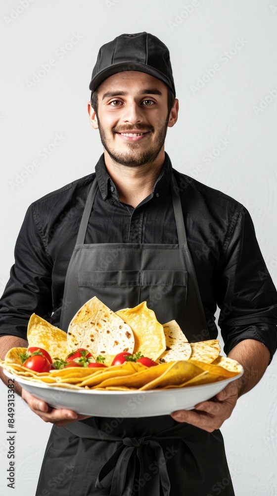 Full body photo of male restaurant employee serving Spanish tortillas Full body photo of male restaurant employee serving Spanish tortillas