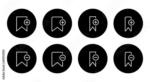 Add and remove bookmark icon set on black circle. Save and unsaved concept
