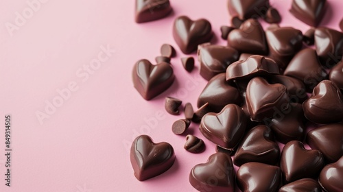 Top view heart-shaped dark chocolates on a pink background for themes of love, romance, and Valentine's day